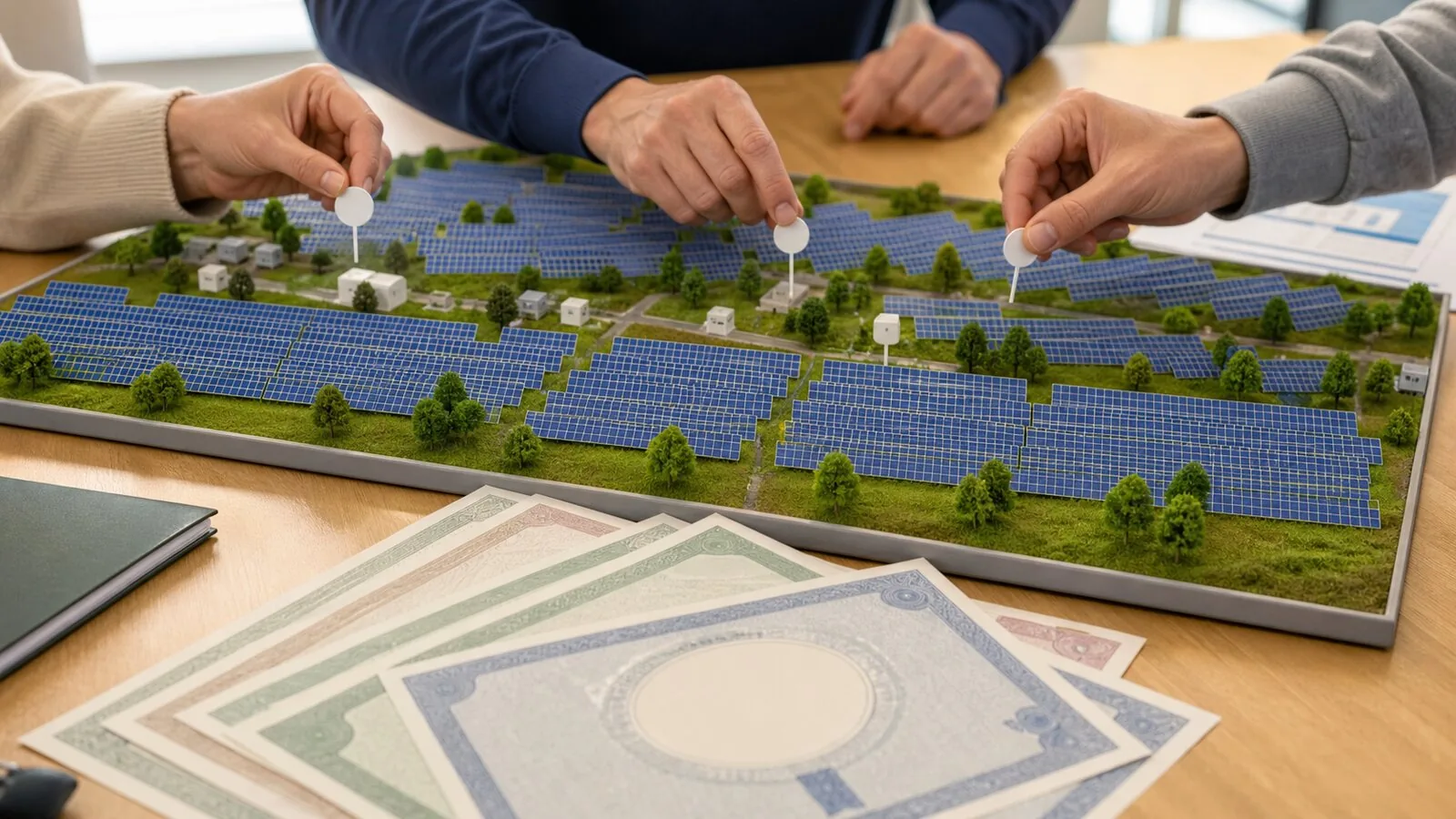 Solaranlagenmodell mit Beteiligungsunterlagen für PV-Anlagen Beteiligung