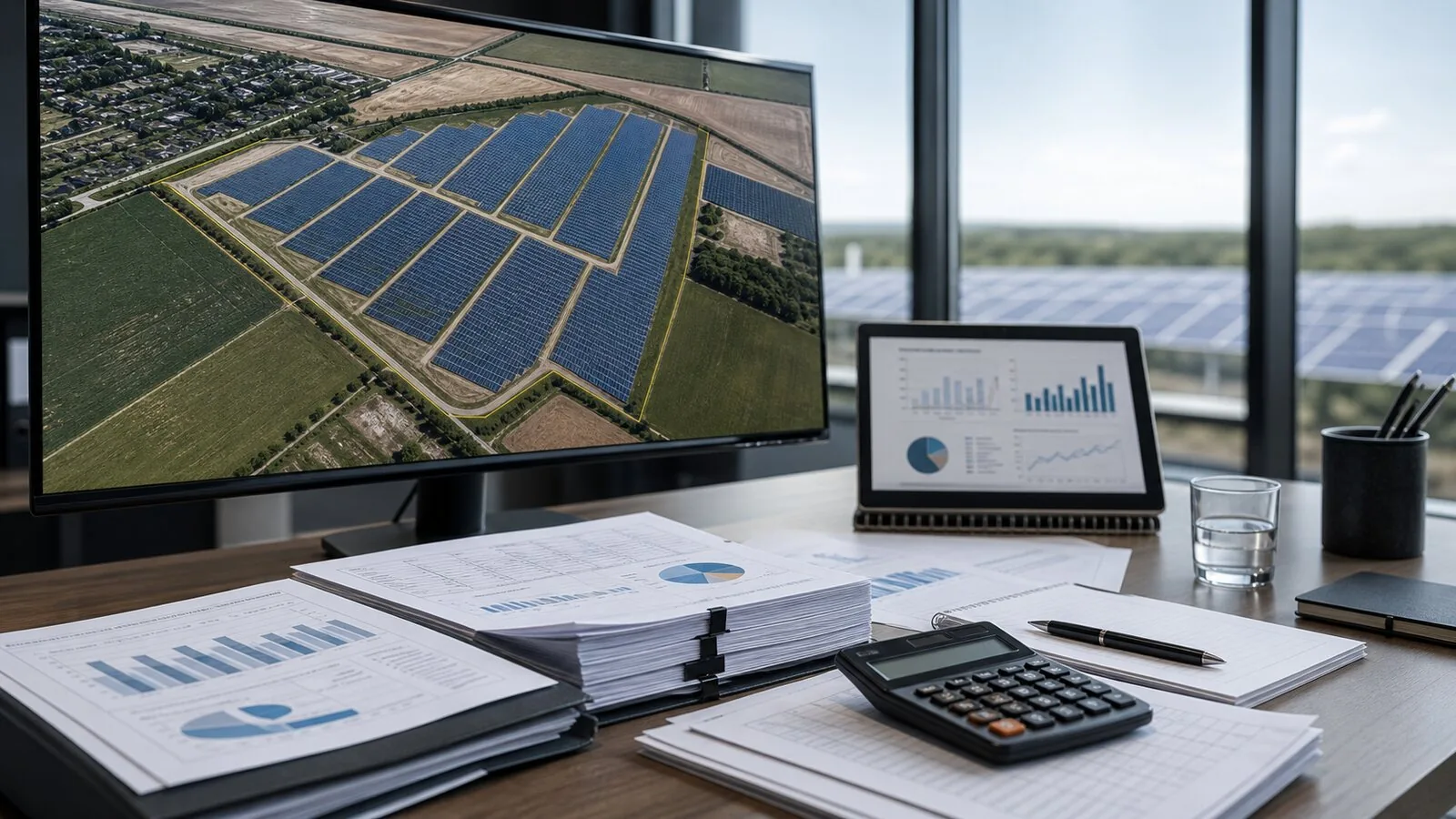 Due-Diligence-Arbeitsplatz mit Solarpark-Analyse für PV-Anlagen Investment
