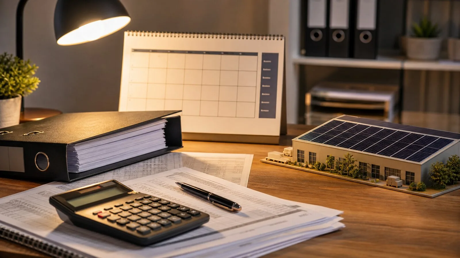 Jahresendplanung mit Kalender und PV-Modell für Sonderabschreibung Photovoltaik