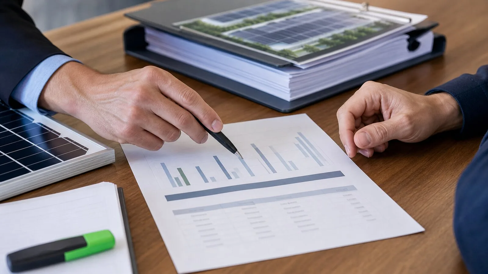 Beratungstisch mit Steuerchart und Solarmodul für Steuervorteil PV-Anlage